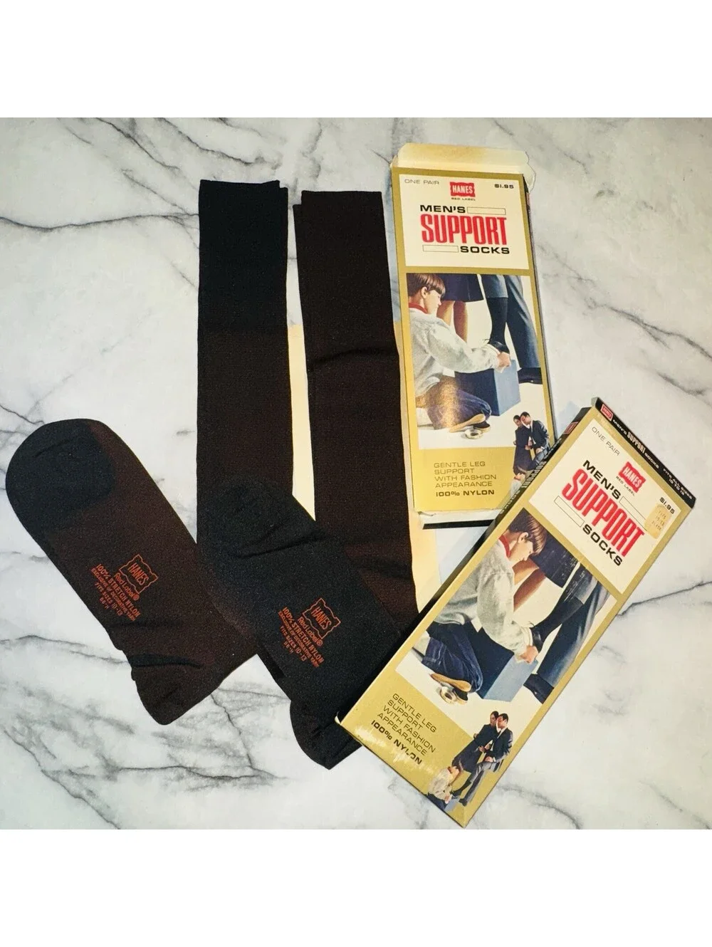 2 New 1960 Vintage Hanes Red Label Mens Support Socks Nylon Black Men's Ephemera